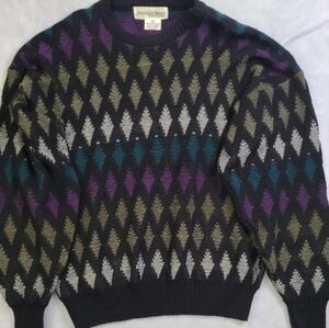 Vintage Jonathan Bryan Sweater Size XL Diamond Knit Black Multicolor Cozy Sku 61